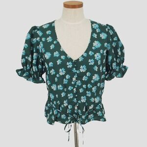 Outerknown Astral Floral Print Puff Sleeve Tie Waist V Neck Blouse Green Blue L